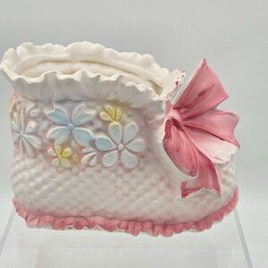 Napco C-7707 Baby Shoe Planter Ceramic Pink White Pastel 1950s Cottage Core